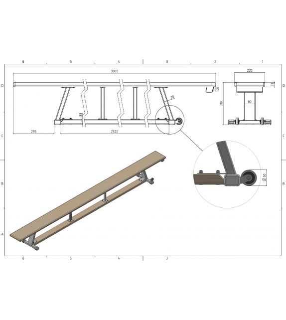 Bank metalen structuur, massief hout en wieltjes (h 31cm b 24cm)