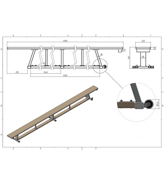 Bank metalen structuur, massief hout en wieltjes (h 31cm b 24cm)