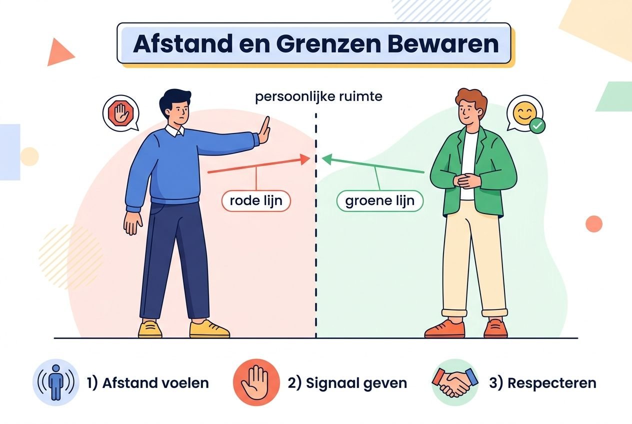 Afstand en Grenzen Bewaren: illustratie met twee personen die uit elkaar staan; groene en rode lijnen tonen verschillende ruimteperimeters; stappen 1 Afstand voelen, 2 Signaal geven, 3 Respecteren onderaan. integrate keyword: pmt oefeningen voorbeelden? must include seamlessly. Create alt text including keyword. Let's craft: "Afstand en Grenzen Bewaren: pmt oefeningen voorbeelden illustratie van twee personen die afstand houden, rode en groene lijnen tonen personal ruimte; drie stappen: afstand voelen, signaal geven, respecteren." Keep under 125 chars. Let's count roughly. It's okay. Afstand en Grenzen Bewaren: pmt oefeningen voorbeelden met twee personen die afstand houden; rode en groene lijnen tonen personal ruimte; drie stappen: afstand voelen, signaal geven, respecteren.