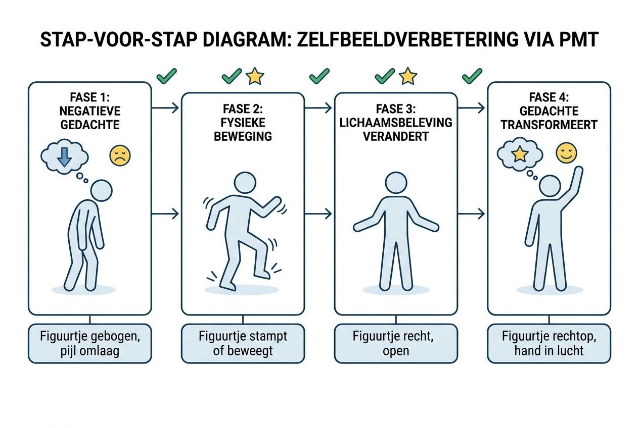 Alt-tekst: Diagram van STAP-voor-STAP zelfbeeldverbetering via PMT met vier fases: negatieve gedachte, fysieke beweging, lichaamsgevoel verandert en gedachte transformeert; pictogrammen tonen houding en oefeningen. Integratie: pmt oefeningen voorbeelden zijn zichtbaar in de praktijk.