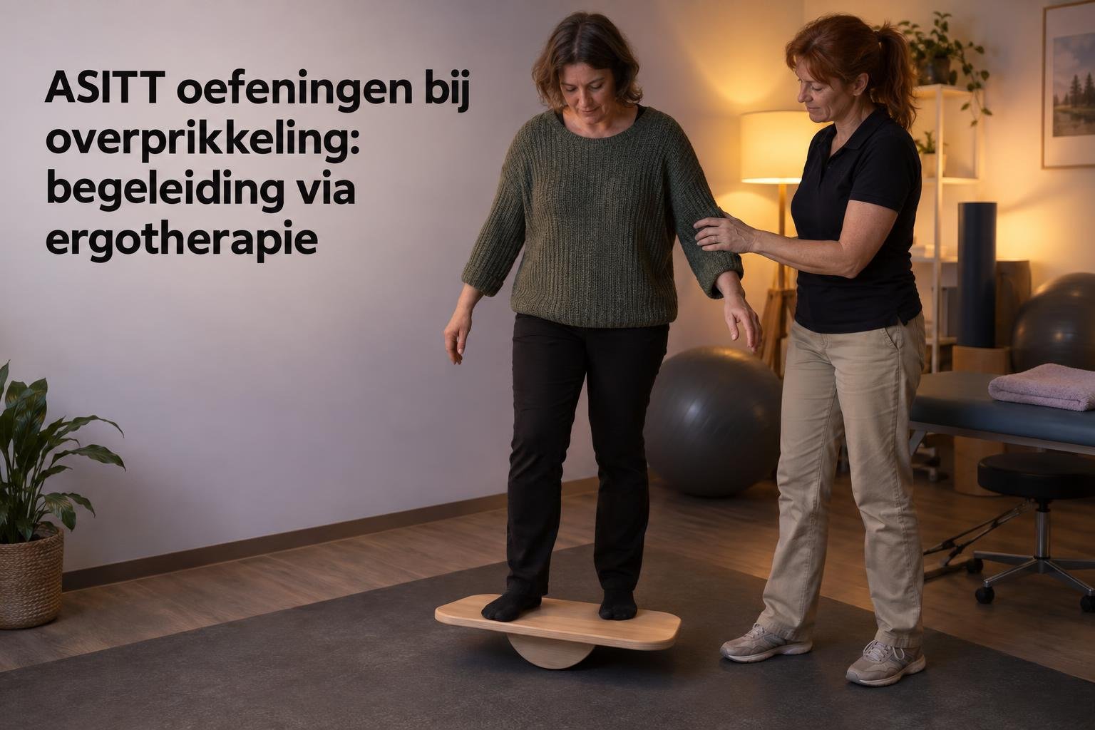 ASITT oefeningen bij overprikkeling: een ergotherapeut die een cliënt begeleidt op een balansbord, in een behandelruimte.