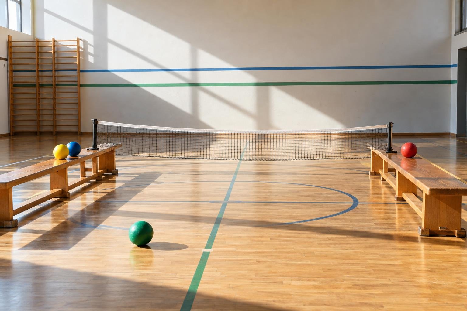 Een binnensportzaal met een kleine volleybal- of tennisnet, twee houten banken aan weerszijden en verschillende gekleurde