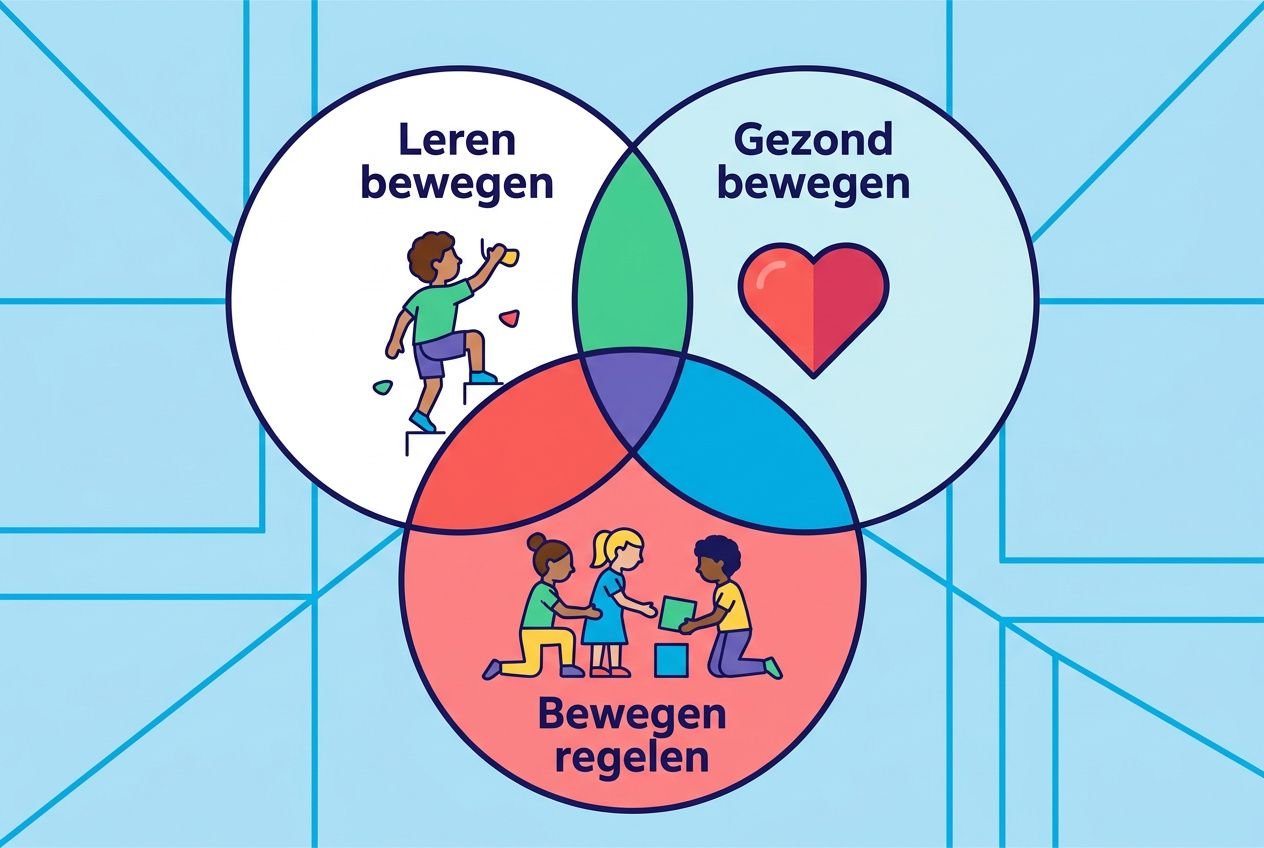 Drie overlappende cirkels met leerlingen: Leren bewegen, Gezond bewegen en Bewegen regelen; centrale overlap toont kinderen die samen bewegen. Bewegingsonderwijs basisschool centraal.
