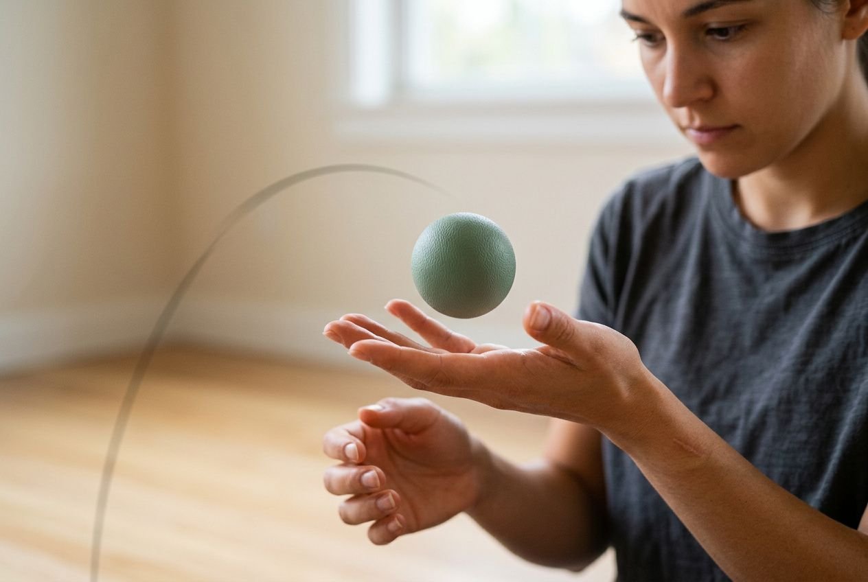 Elektrische bal op hand-oog coördinatie oefeningen: vrouw balanceert bal aan touwtje tijdens oefening voor oog-handcoördinatie.