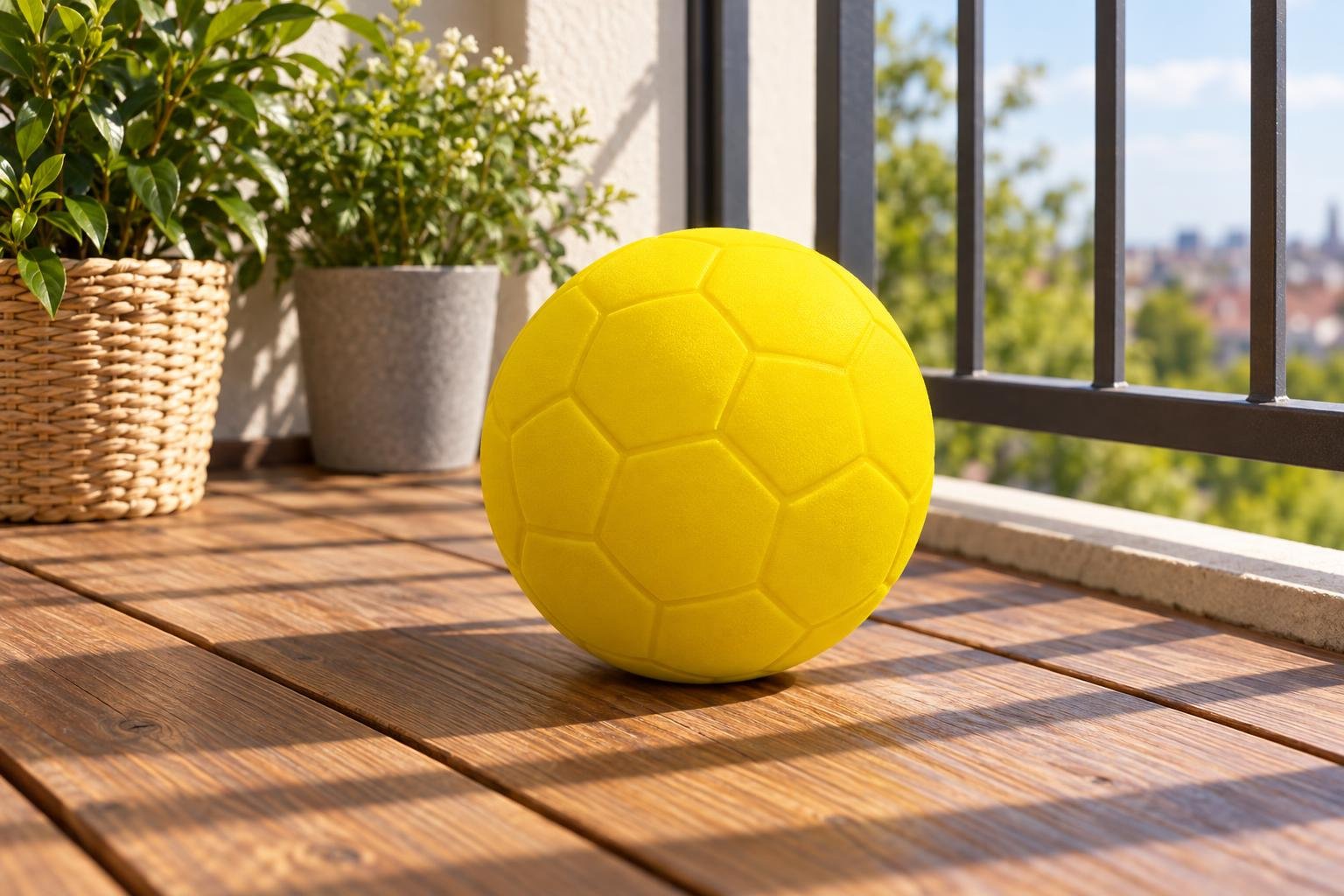Een gele bal ligt op een houten balkonvloer met planten op de achtergrond.