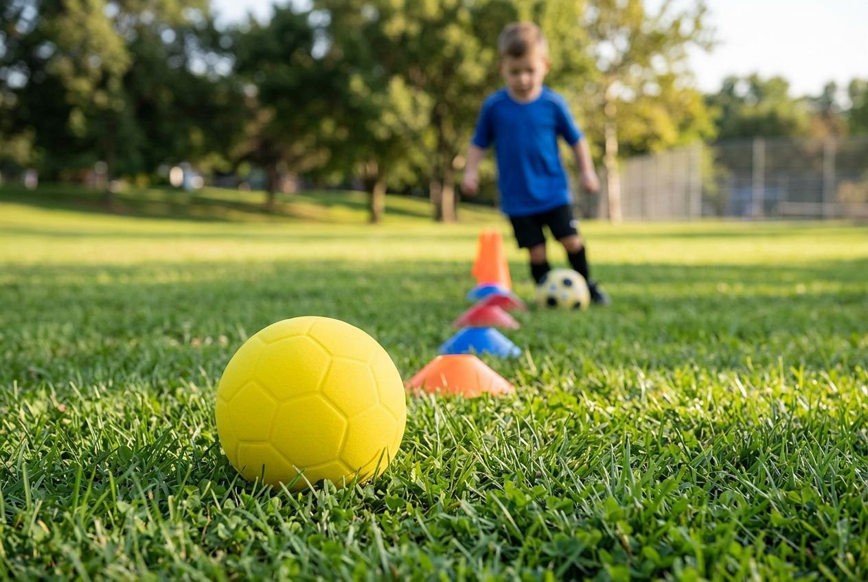 Gele schuimrubber voetbal op een grasveld tijdens een motoriekoefening voor kinderen.