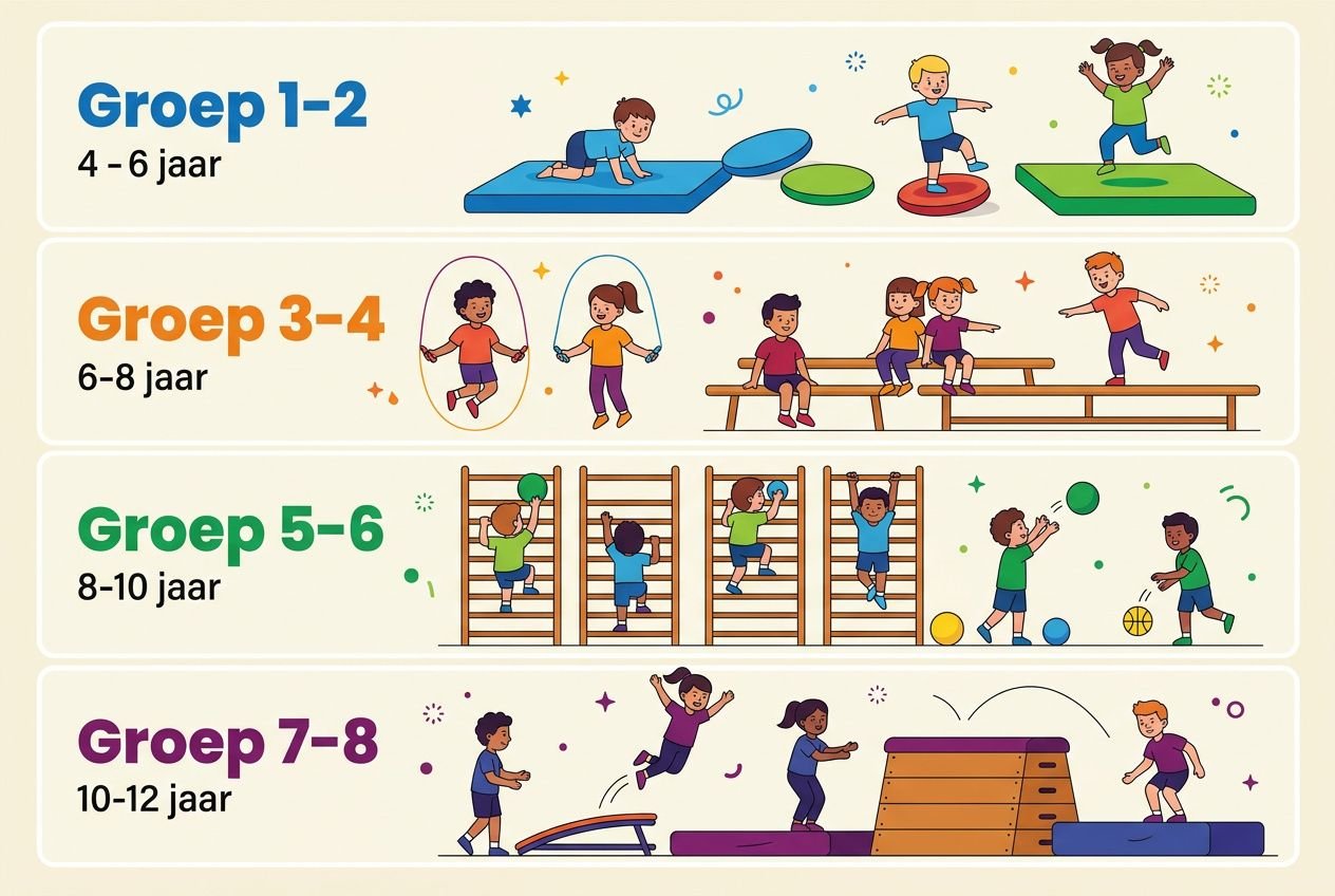 Groep 1-2: kinderen actief op matten en cirkels, beweegspelletjes voor 4-6 jaar. gymles ideeën basisschool sfeer.