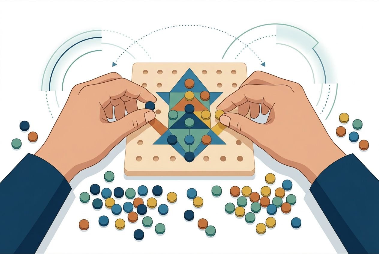 Hand-oog coördinatie oefeningen: twee handen plaatsen gekleurde pegs op een bord met geometrische vormen; vele losse munten rondom.
