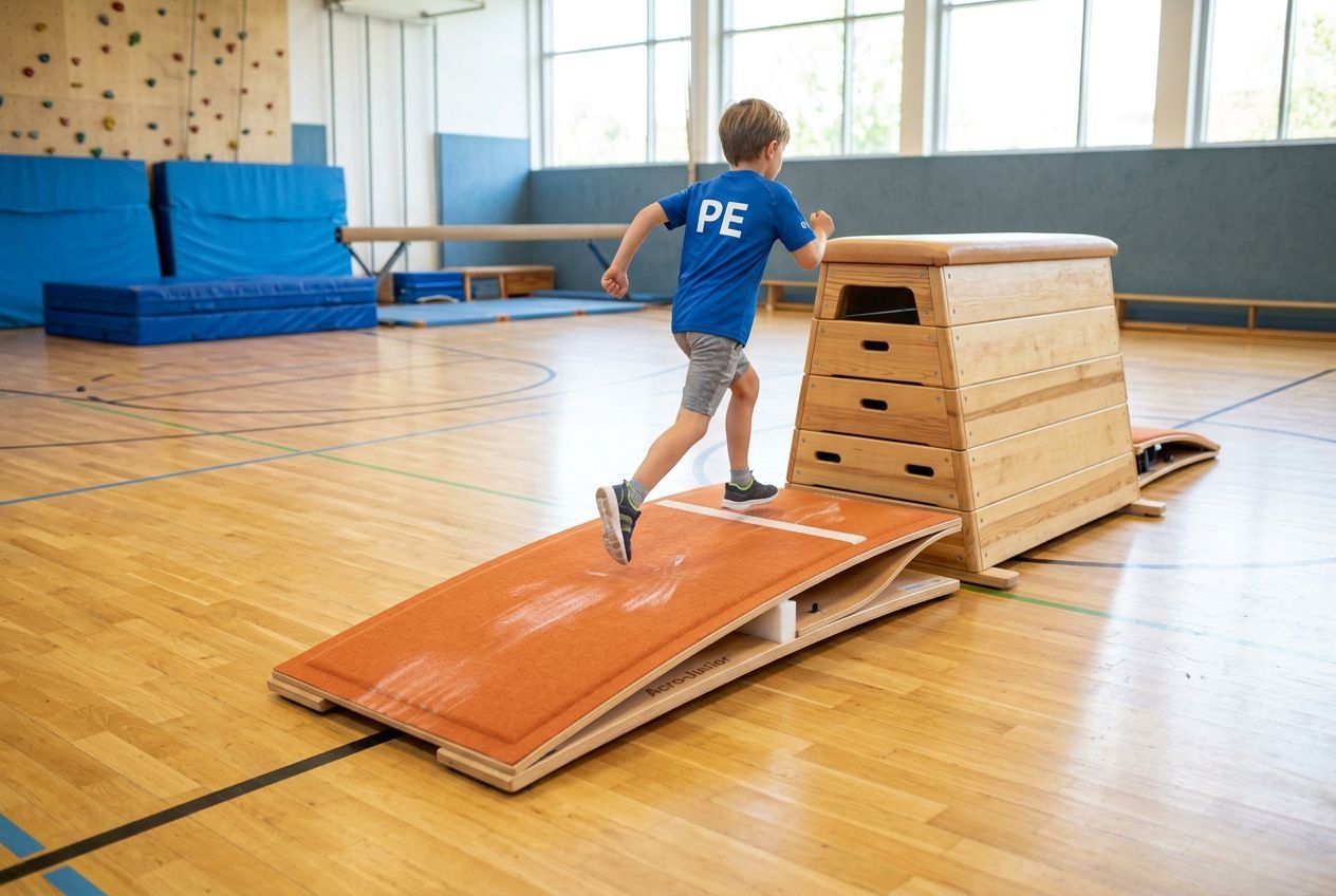 Houten springplank met oranje oppervlak in een gymzaal voor kleuteractiviteiten.