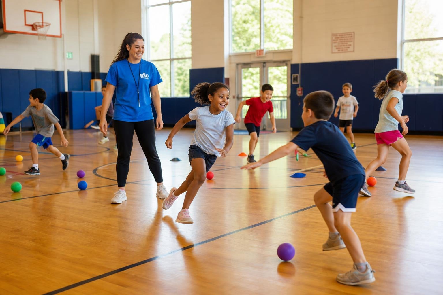 Jonge kinderen spelen in een gymzaal met balspelletjes; een docentin begeleidt, terwijl kinderen vrolijk rennen en werpen. gymzaal spelletjes bso geïntegreerd.