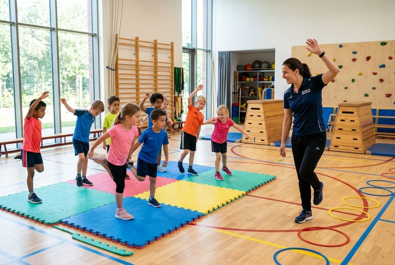 Juf begeleidt kinderen tijdens bewegingsonderwijs basisschool: groep kinderen op kleurrijke matten doen dynamische oefeningen in een gymlokaal.