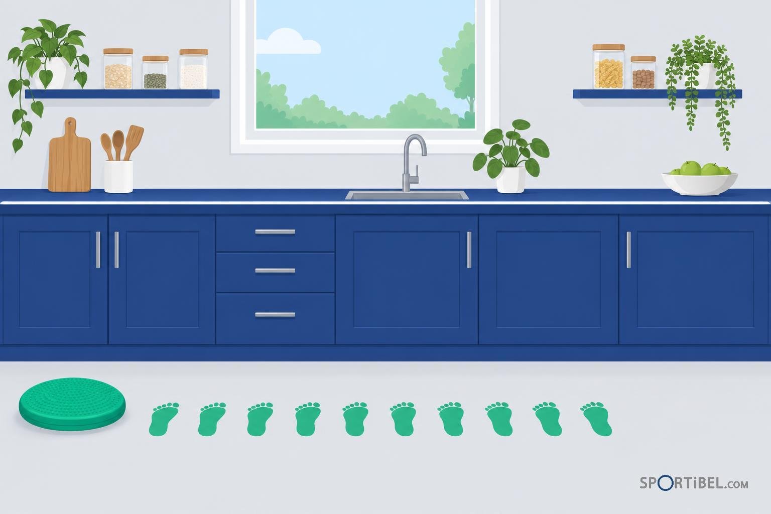 Een keukengebied met blauwe kasten en groene planten, en op de vloer een rij groene babysporen langs een groen oefenpad.