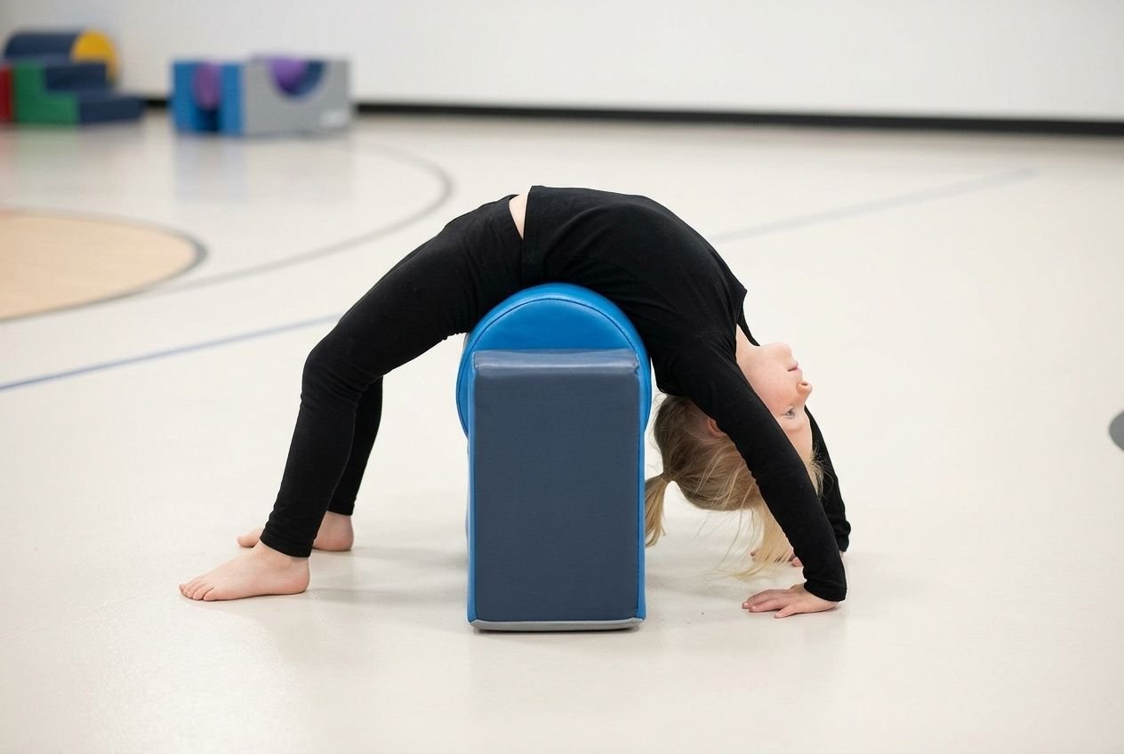 Kinderelement leert zich te bewegen met psycomotorisch materiaal nodig; meisje buigt achterwaarts over een blauw kussen in een speel-/gymruimte.