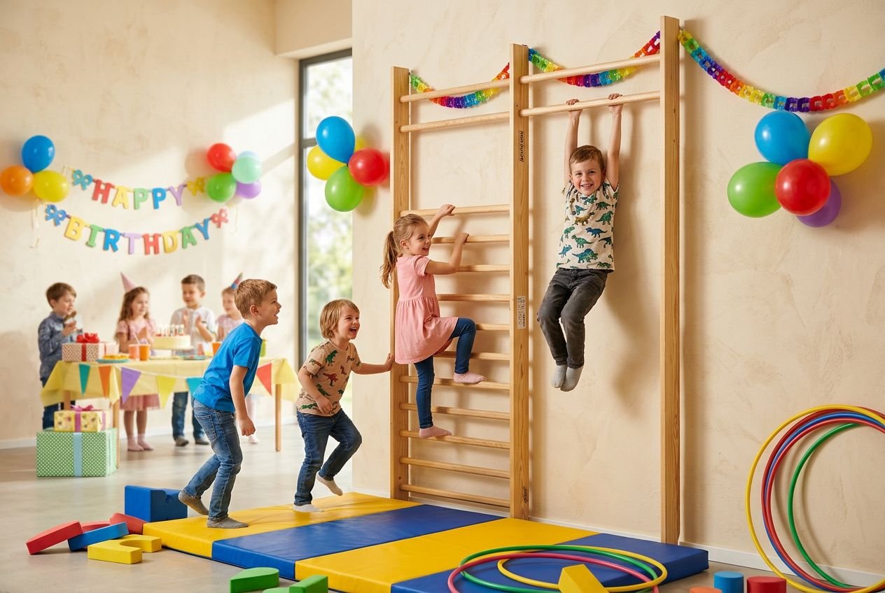 Kinderen in een gymzaal spelen actief: klimmen aan een houten rek, springen op zachte matten en ringen; ballonnen en slingers geven feestje sfeer voor een spelletjes gymzaal kinderfeestje