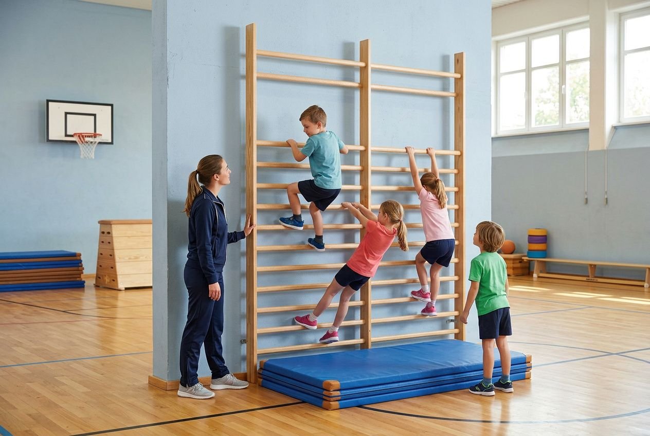 Kinderen klimmen op houten wandrekken in een schoolgymnastiekzaal onder begeleiding van een leraar.