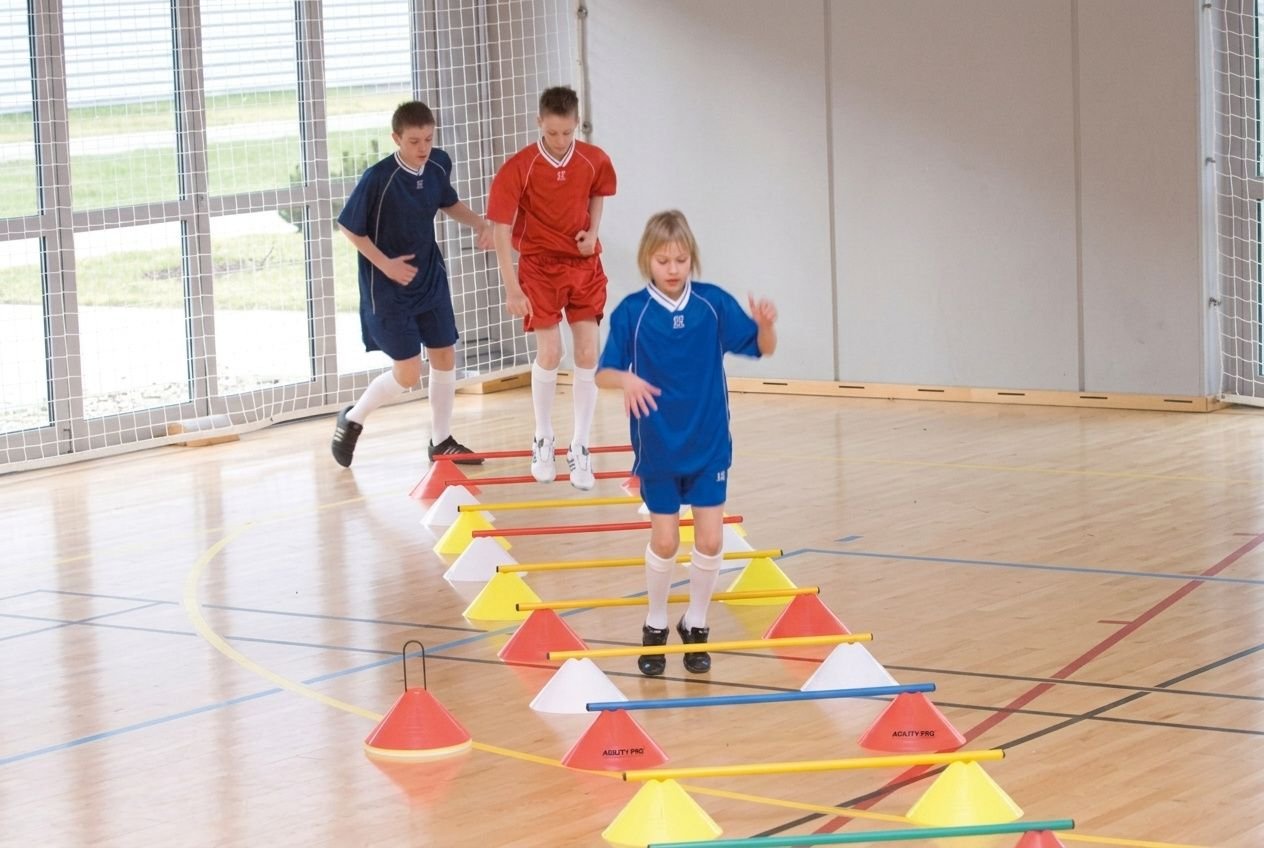 Kinderen oefenen motorische vaardigheden op een pionnenparkoers in een gymzaal.