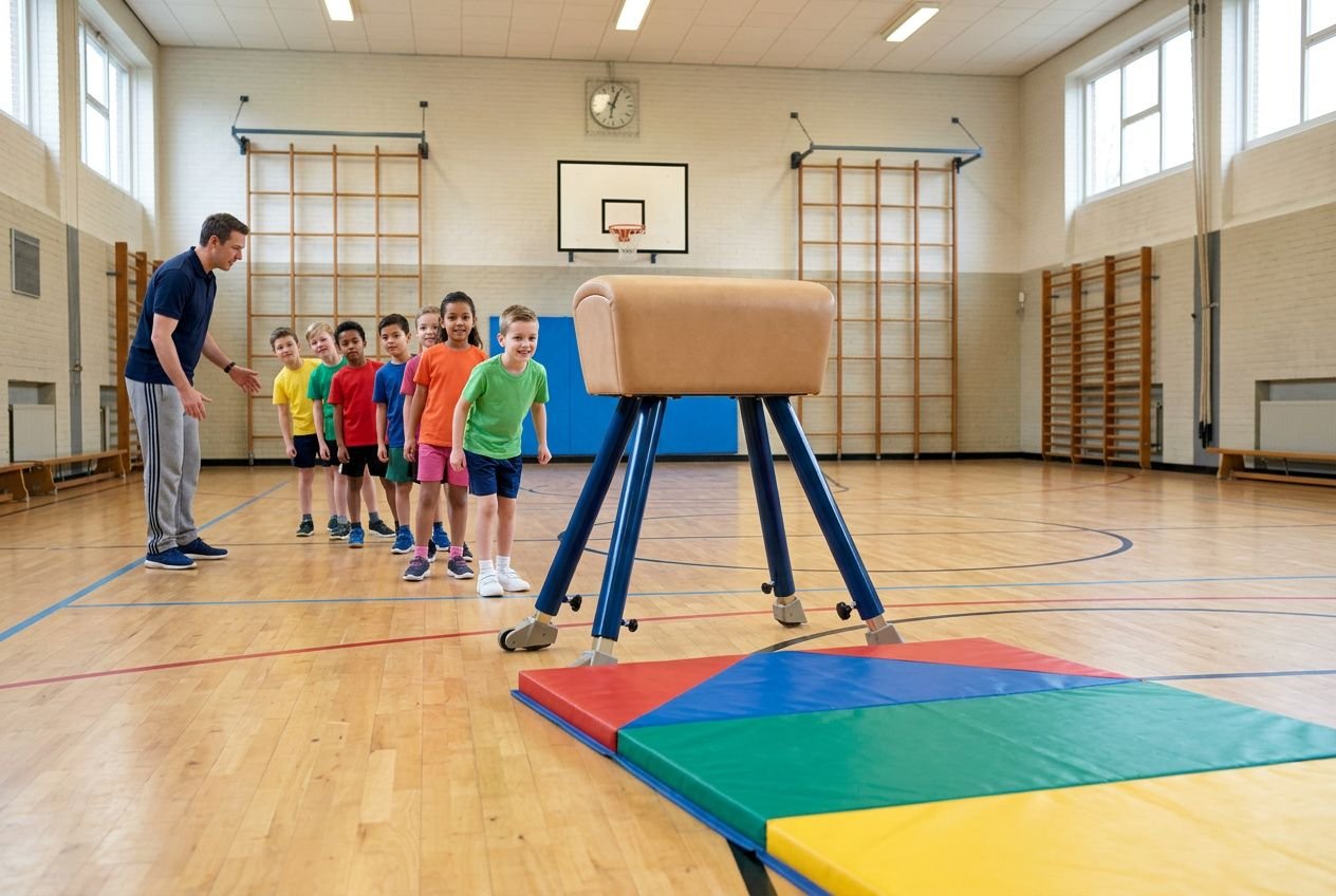 Kinderen springen over een paard in een schoolgymnastiekzaal tijdens een motorische les.