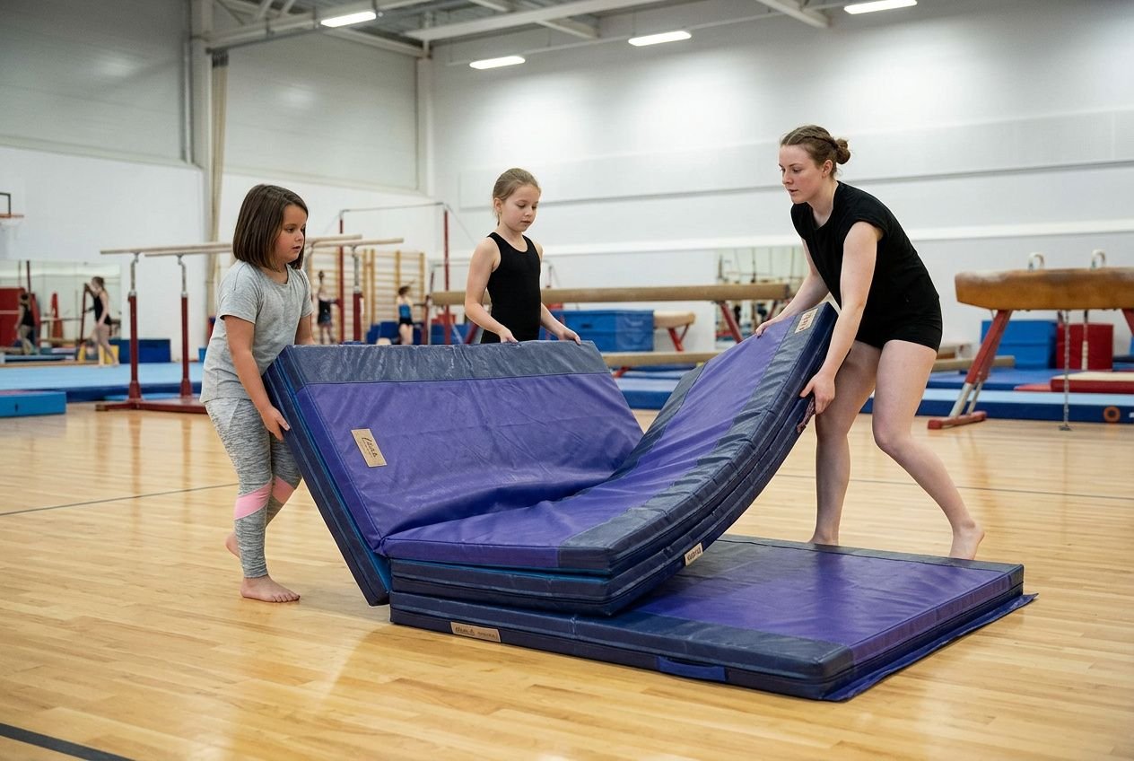Kinderen en volwassene oefenen met een lange yogamat/fitnessmat 200 cm in een turnzaal, opklappende rekken en matten zichtbaar.