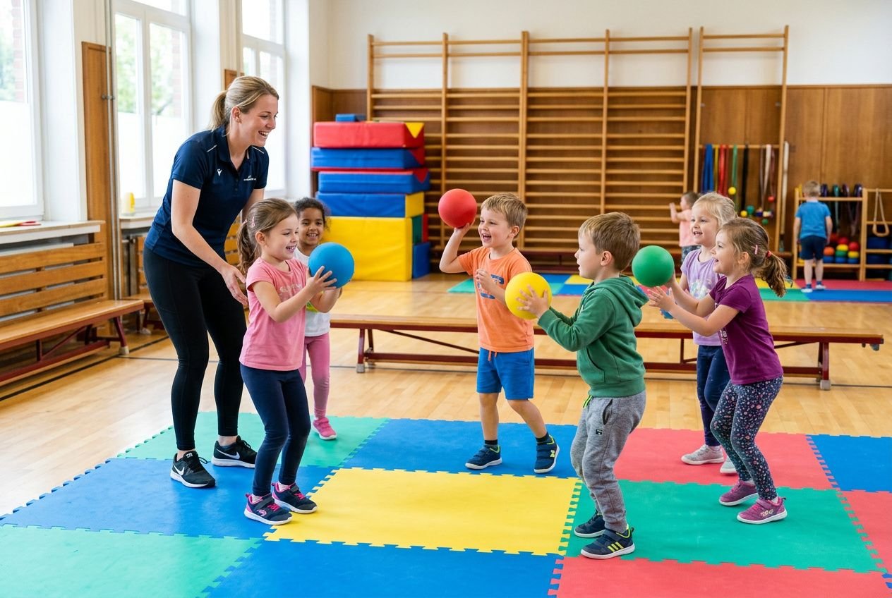 Kindergroep beweegt samen met ballen onder leiding van een coachles, op gekleurde matten in een gymzaal voor bewegingsonderwijs kleuters.