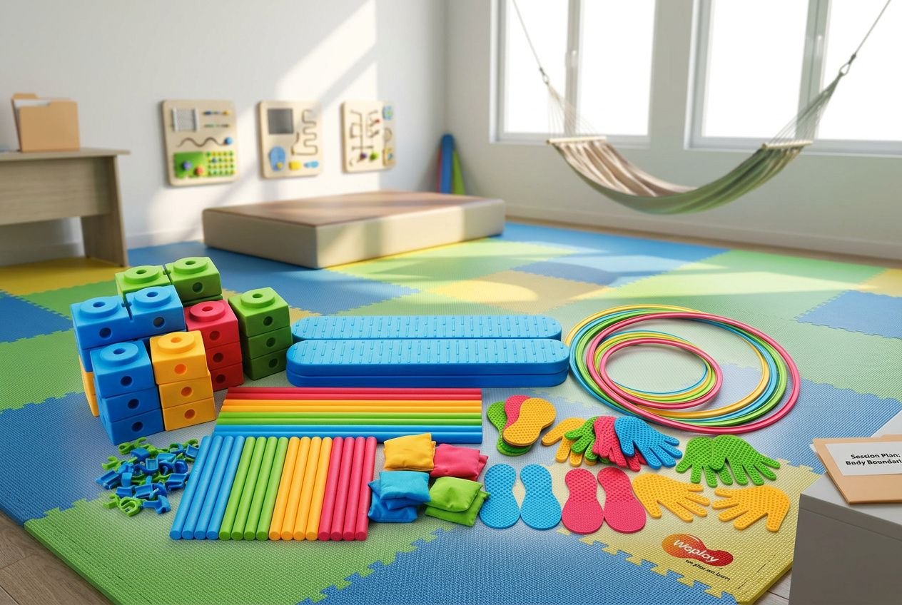 Kindvriendelijke speelgoedruimte met kleurrijke PMT-oefeningen: blokken, matten, ringen en handschoenen voor pmt oefeningen spanning.