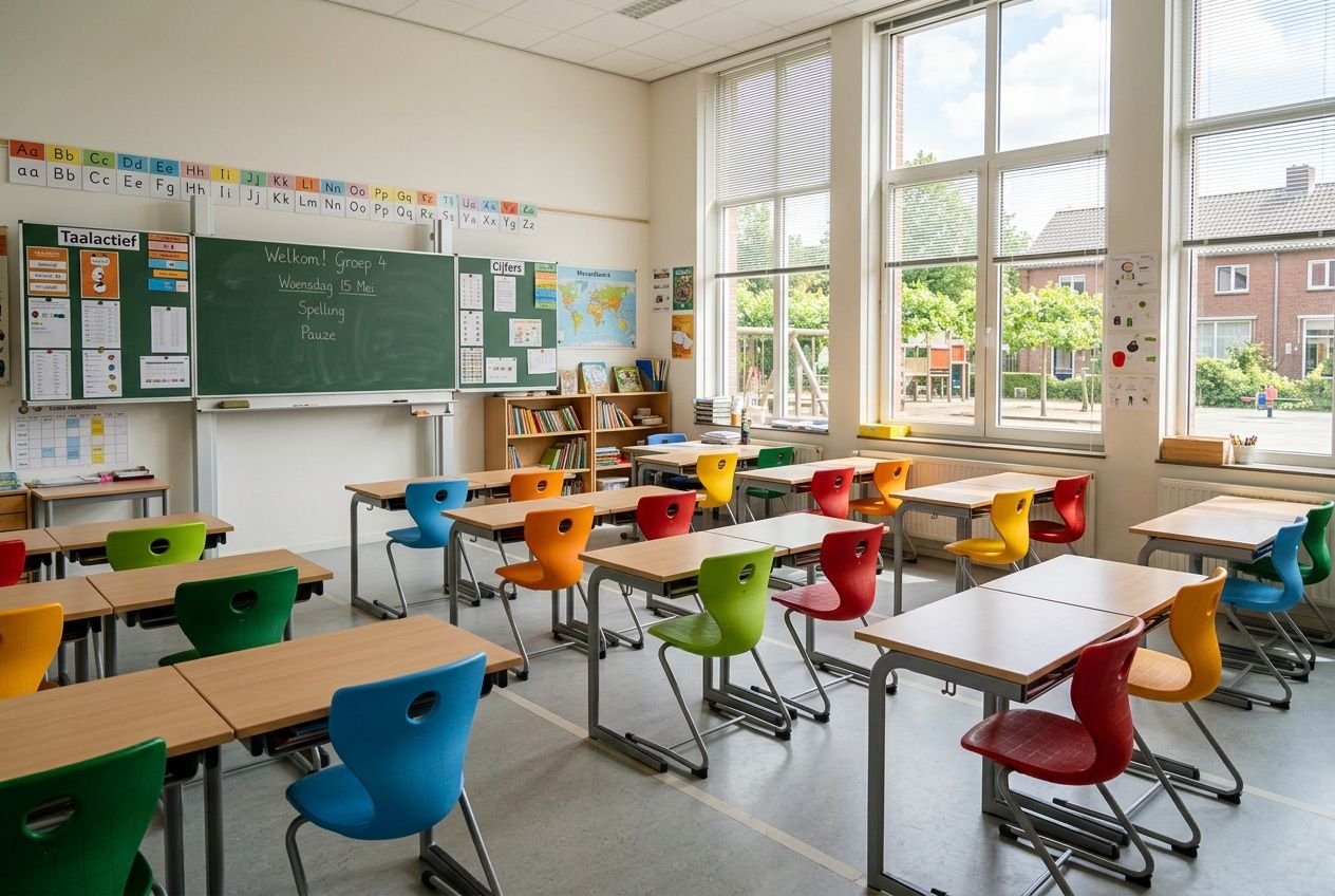 Klaslokaal basisschool met kleurrijke stoelen en desks, bord en leermiddelen, grote ramen met buitenzicht. eisen klaslokaal basisschool geïntegreerd.