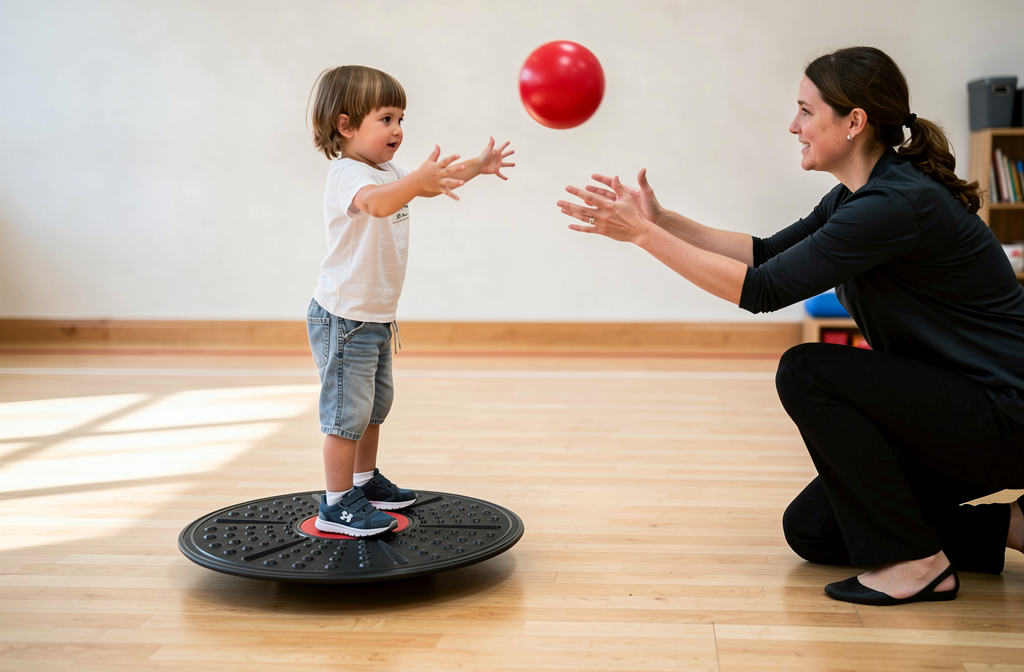 Kleine jongen staat op een draaiende balanceerplaat terwijl een vrouw hem een rode bal toewerpt, glimlachen naar elkaar. beïnvloedt adhd de hand-oogcoördinatie
