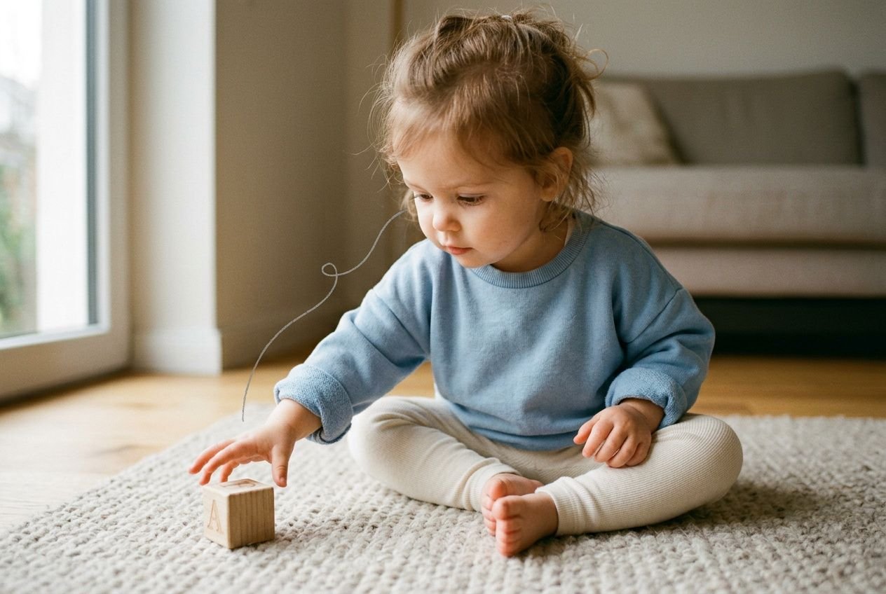 Kleine kindje pakt een houten blokje aan met de hand, huv ligt op een tapijt, oog-handcoördinatie ontwikkeling kind ontstaat terwijl ze speelt.