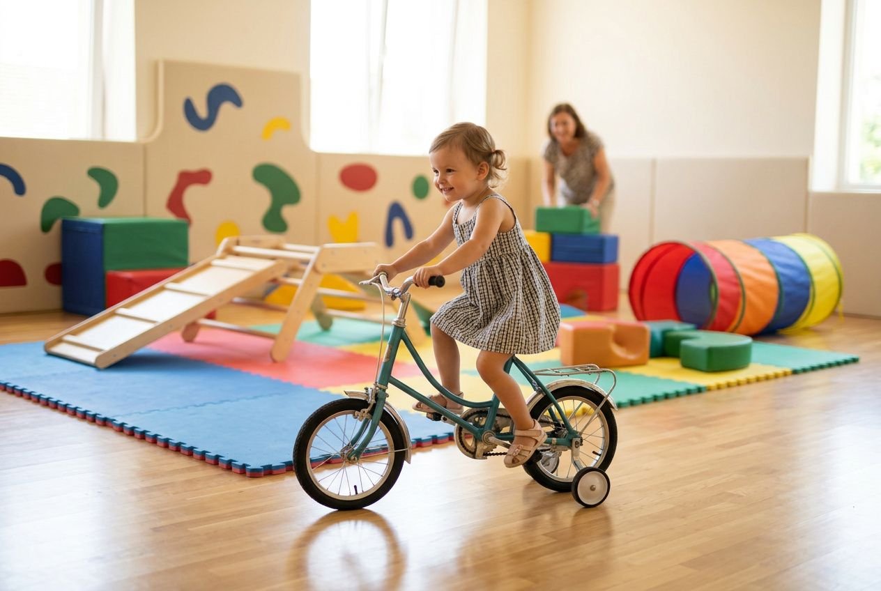 Kleine peuter op driewielerfiets in een speellruimte tijdens peutergym, met zachte matten en kleurrijk klim- en speeltoestel op de achtergrond. wat doe je bij peutergym ontstaat uit beweging en spel.