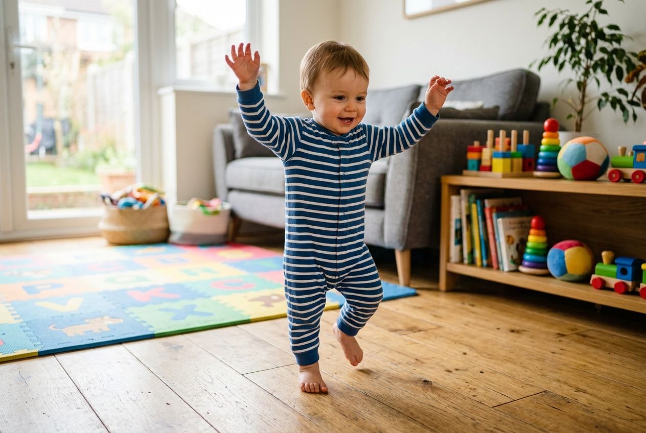 Kleine wandelaar in een blauwe gestreepte romper danst vrolijk binnen, speelmat en speelgoed in de achtergrond. motorische ontwikkeling bewegingsonderwijs geïntegreerd.
