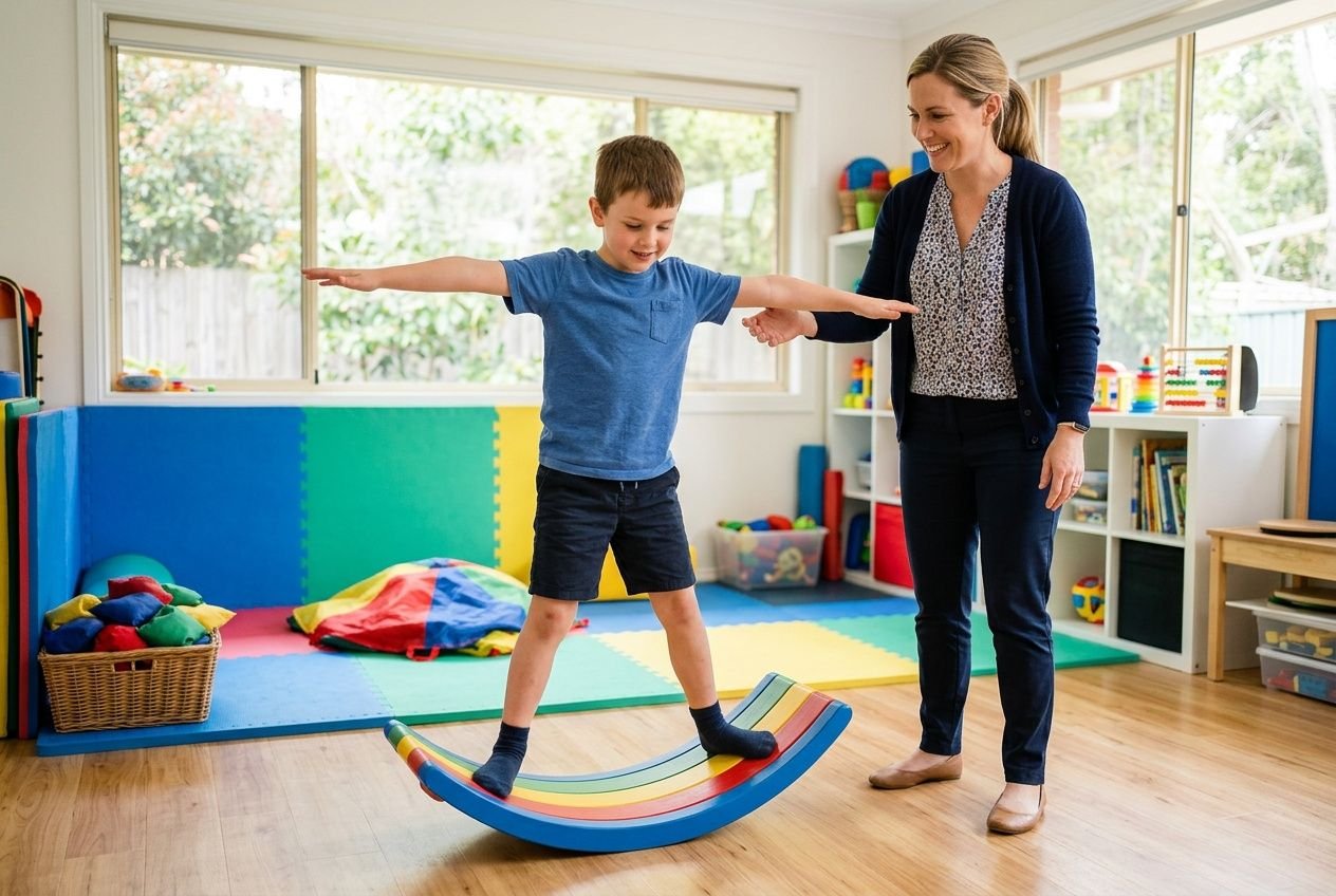 Kruipende PMT-therapie voor kind vergoed: moeder begeleidt kind met evenwichtsoefening op een kleurrijke boog in een speelhoek.