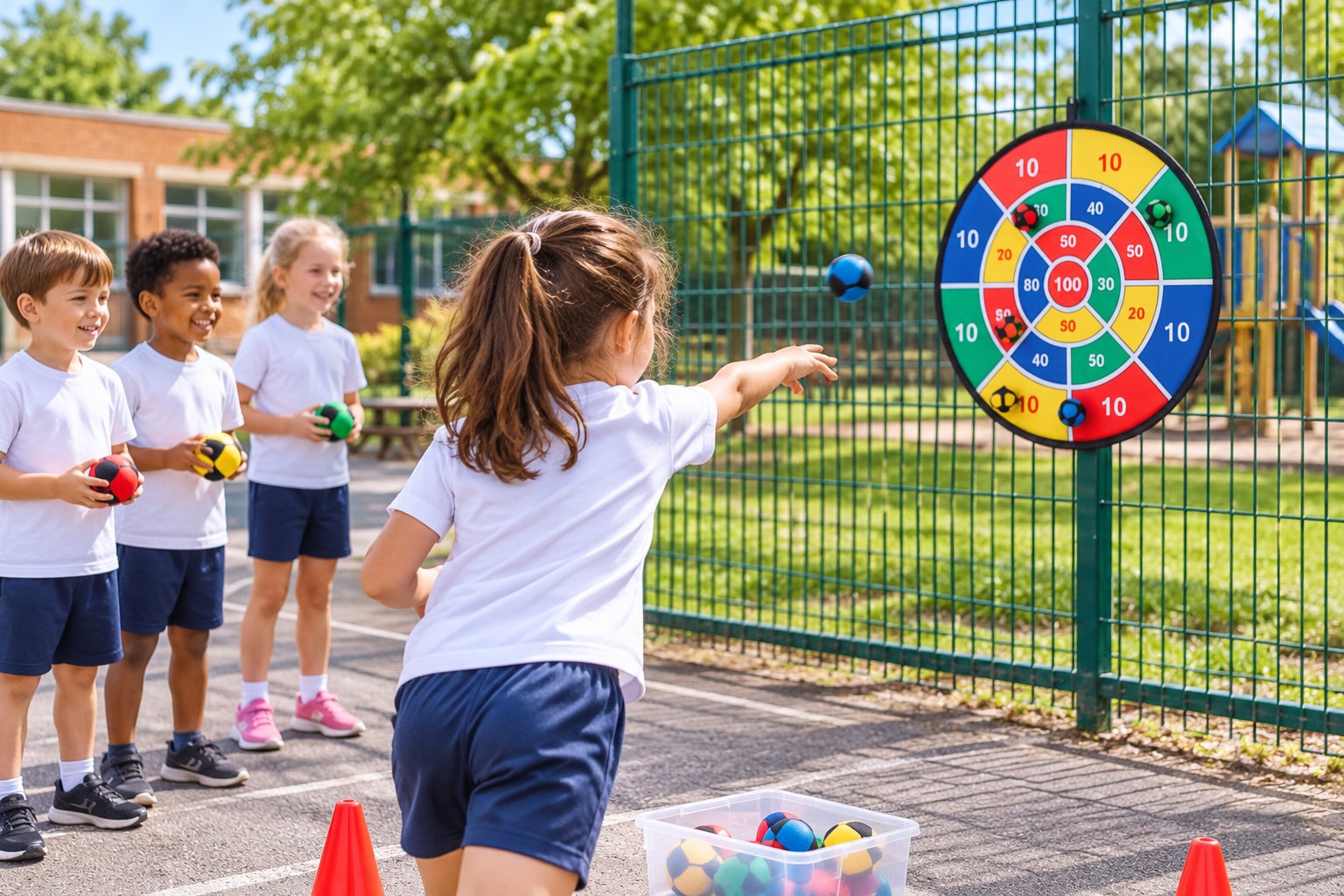 Leerlingen staan in een rij en wisselen ballen uit terwijl een meisje een target raakt op een draaiend doelbord buiten.