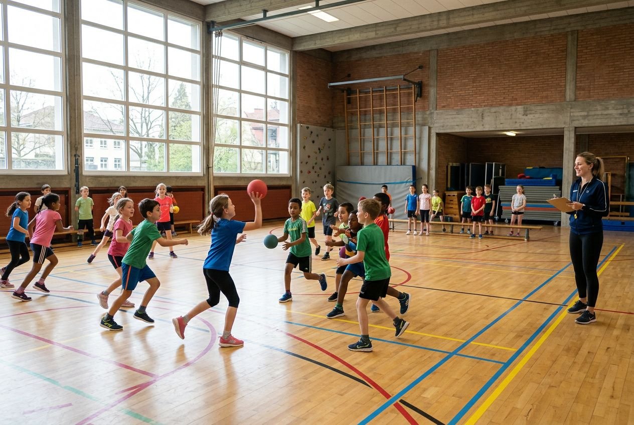 Leerzame gymles ideeën basisschool: kinderen spelen balspellen in gymzaal onder begeleiding van een docente.