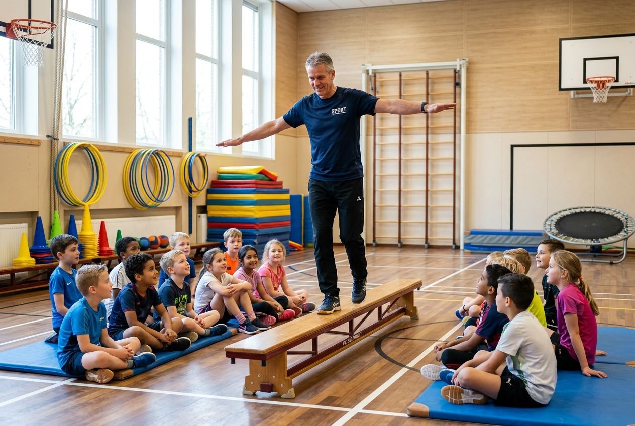Leraar doet balansacties uit op een zitbank voor groep 1-8 leerlingen in gymzaal; toezichthouder heeft armspreiding en geeft instructies. Integratie: wie mag gymles geven.