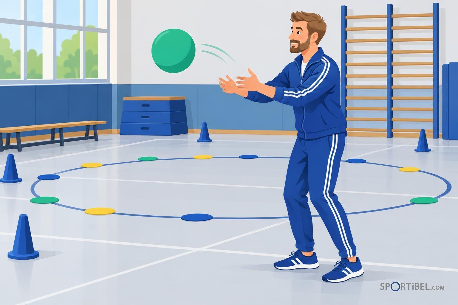 Een man in een blauwe sportoutfit gooit een groene bal in een gymzaal met ringen en kegels op de grond.