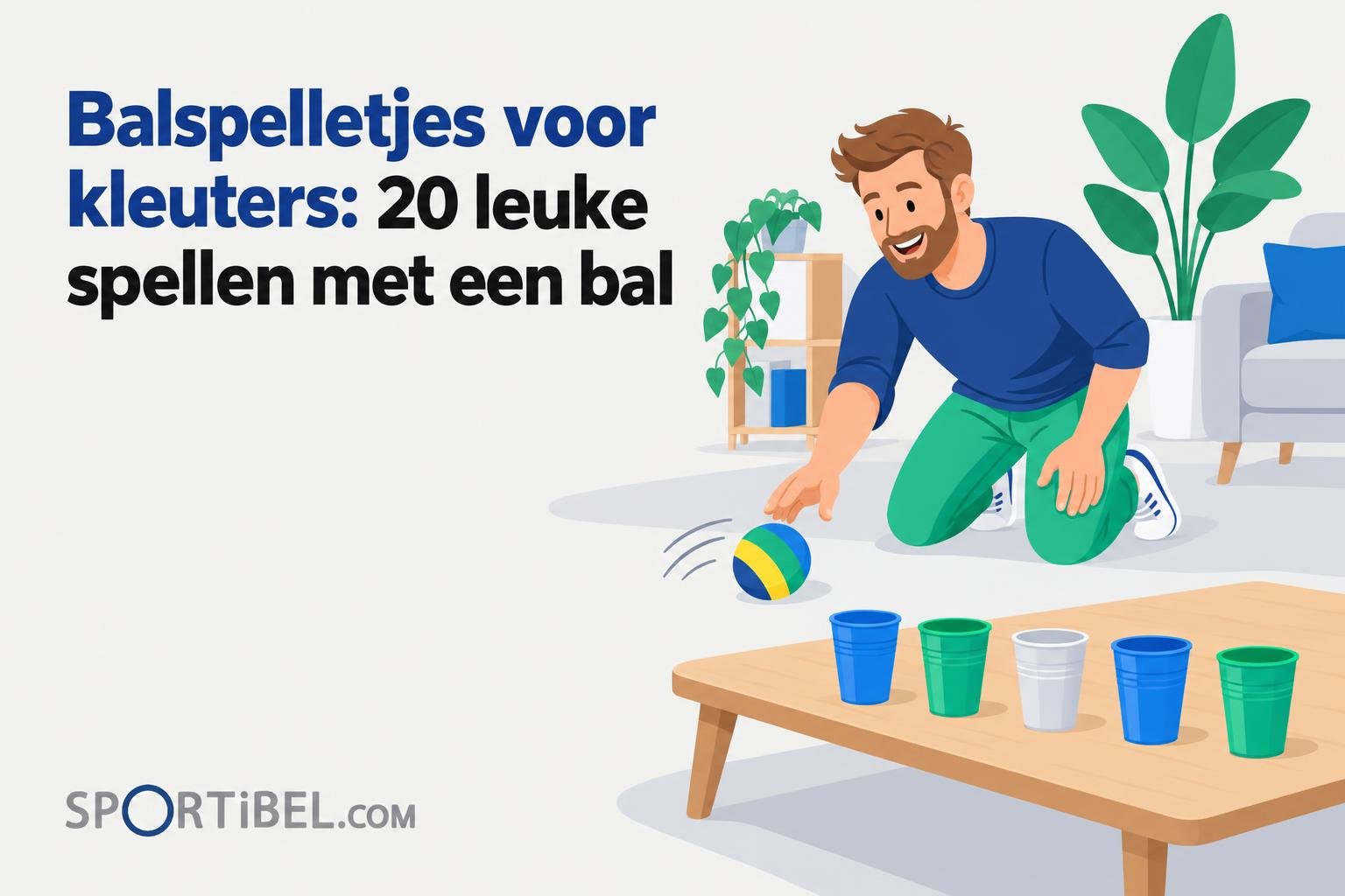 Een man speelt met een bal bij een spel met bekers op een lage tafel.