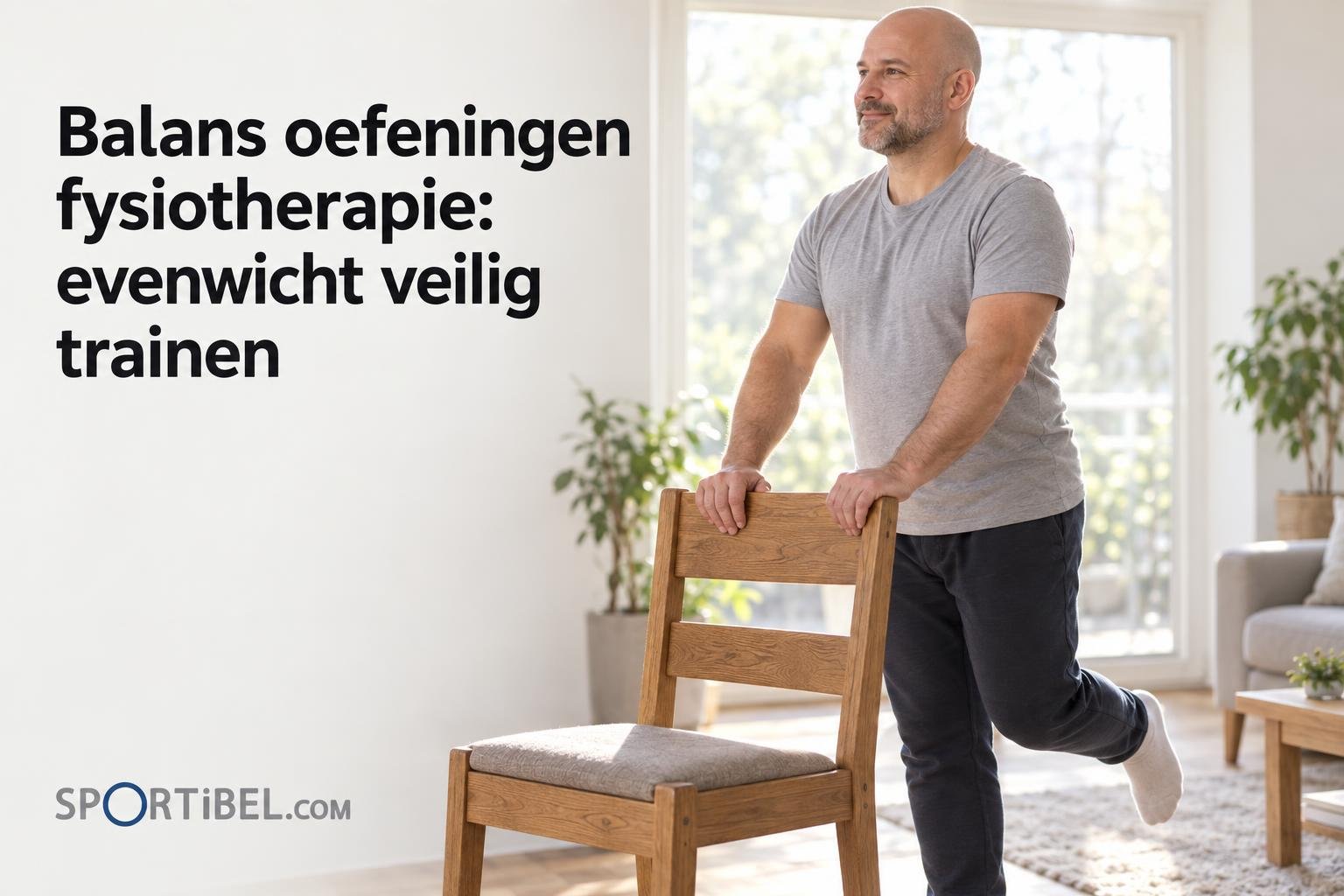 Man staat in huis aan een houten stoel te houden terwijl hij één been naar achter strekt, als oefening voor balans.