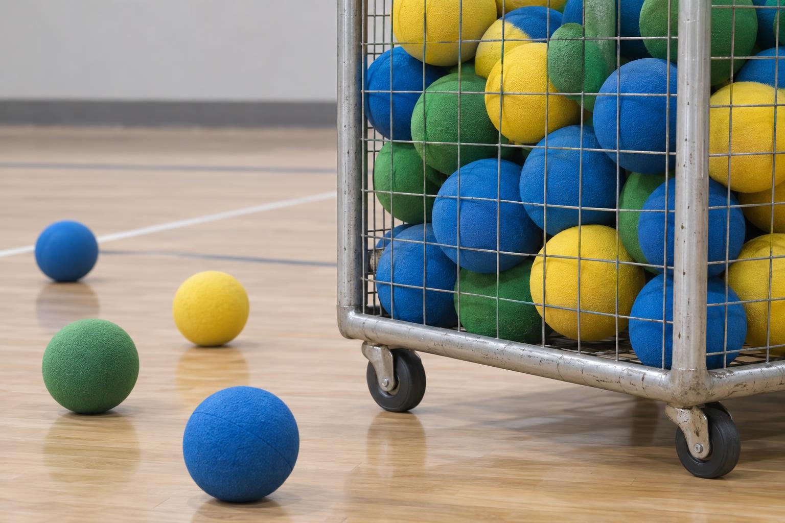 Een metalen kar gevuld met kleurrijke zachte ballen staat op een gymvloer, terwijl enkele ballen buiten de kar liggen.