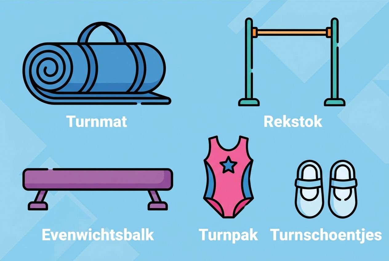 wat heb je nodig voor gymnastiek beginners: illustratie van turnmat, rekstok, evenwichtsbalk, turnpak, turn-schoentjes