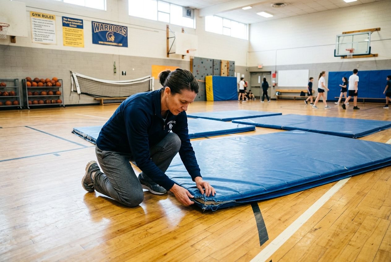 Onderhoud gymnastieken matten scholen: aantoont hoe een medewerker een gepaalde sportmat in een schoolgymnasium inspecteert en repareert, met andere mats en leerlingen op de achtergrond.