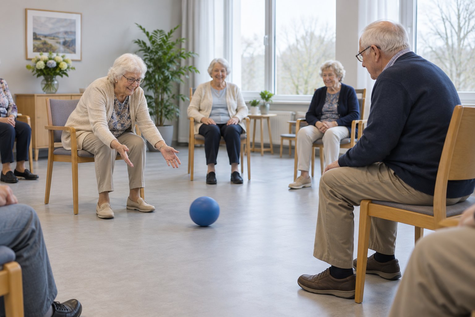 senioren en volwassenen spelen een balspel in een woonkamer met meerdere deelnemers die in een cirkel zitten en de bal rollen.