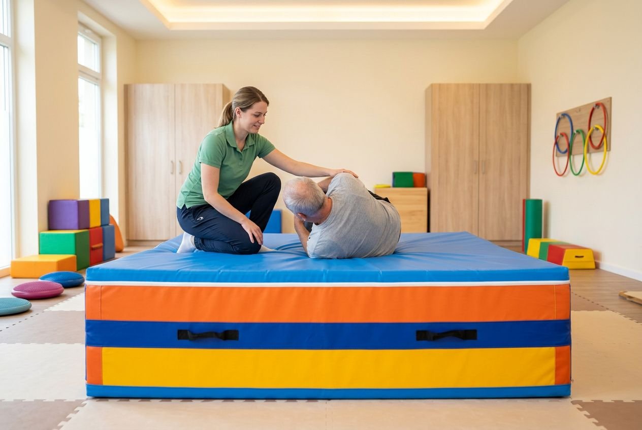 een therapeut die een oudere cliënt begeleidt tijdens een pmt oefeningen spanning, op een mattrampol in een therapieruimte met kleurrijke materialen