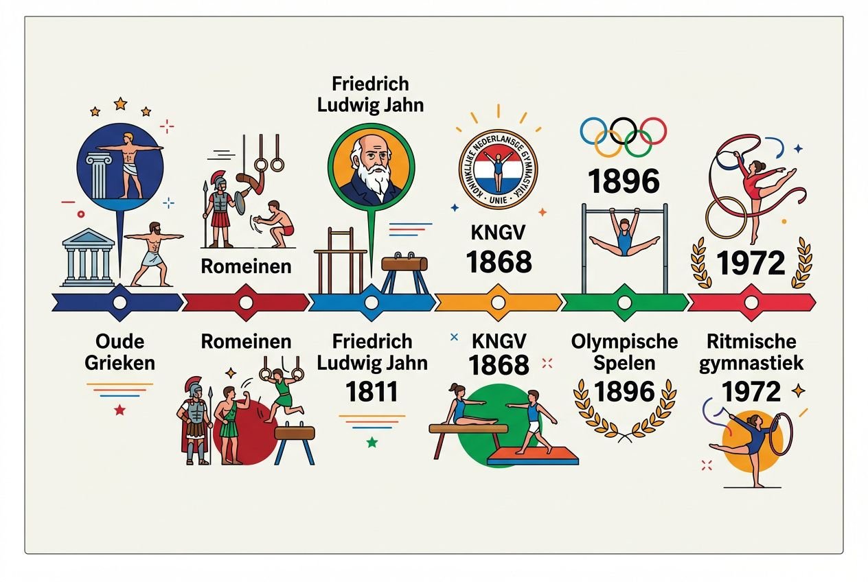 Titelgrafiek over de geschiedenis: tijdlijn van sporten zoals gymnastiek, met oud-Griekse wortels, Romeinen, Friedrich Ludwig Jahn, olympische spelen, ritmische gymnastiek 1972 en mijlpalen. Hoe lang bestaat gymnastiek.