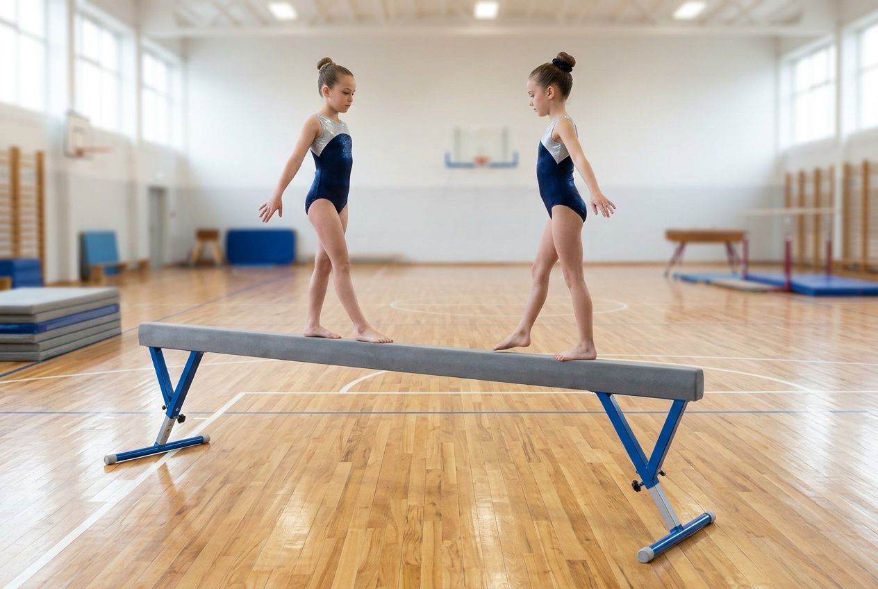 Twee jonge gymnasten oefenen balanceerwerk op een beam in een ruime sporthal, met houten vloer en vetrekken in de achtergrond. hoe lang bestaat gymnastiek integrerend: twee meisjes in blauwe leotards staan tegenover elkaar op eenevenwichtsbalk.