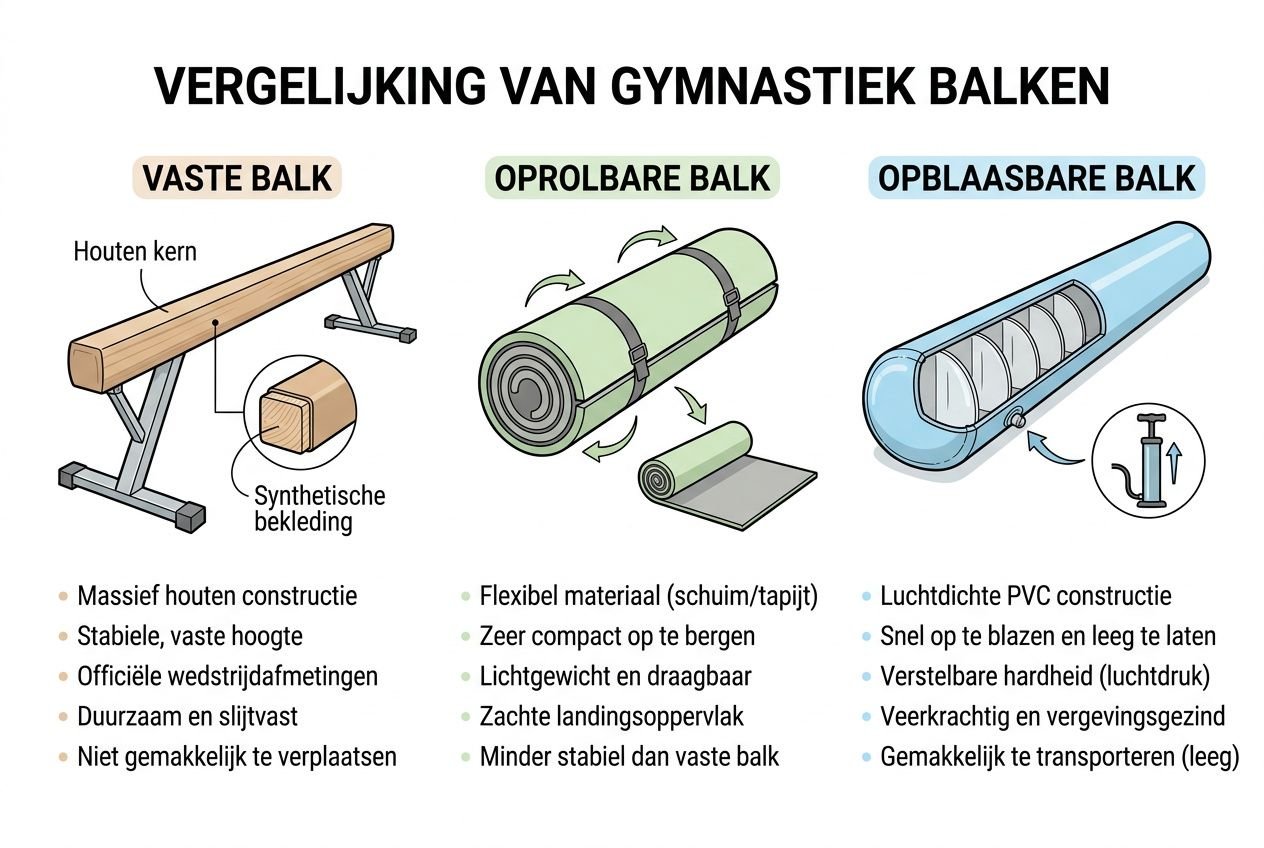 Vergelijking van gymnastiekbalken: vaste balk, oprolbare balk en opblaasbare balk met kenmerken en afbeeldingen van materialen. wat heb je nodig voor gymnastiek beginners geïntegreerd.