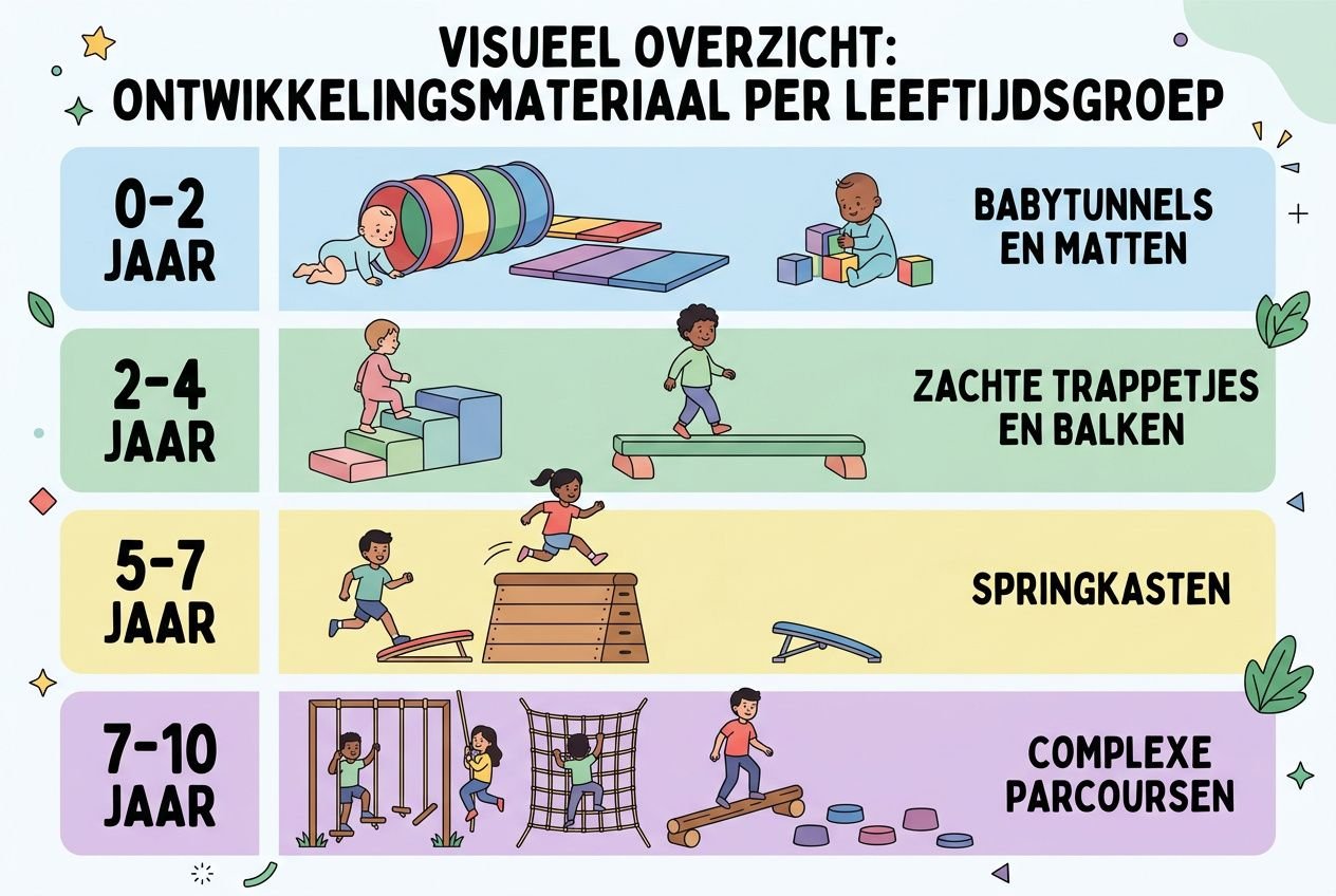 Visueel overzicht van ontwikkelingsmateriaal per leeftijdsgroep: 0-2 jaar babytunnels en matten; 2-4 jaar zachte trampolineplaten en balken; 5-7 jaar springkasten; 7-10 jaar complexe parcours. Psychomotorisch materiaal nodig wordt aangegeven per doelgroep.