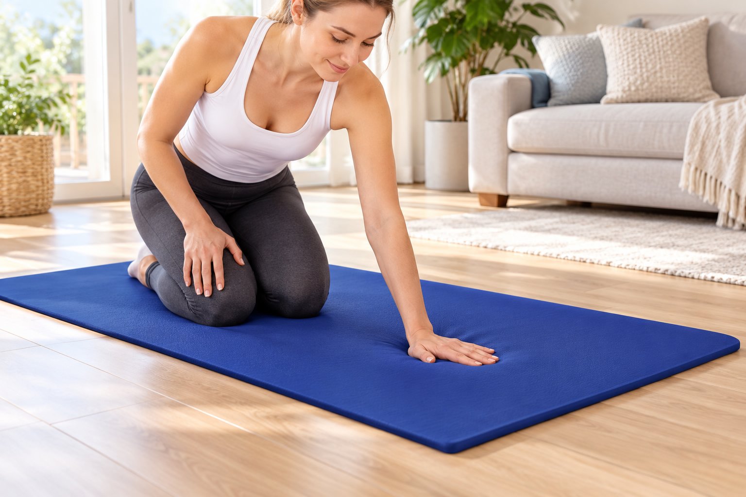 Een vrouw aan het oefenen op een blauwe fitnessmat in een woonkamer.