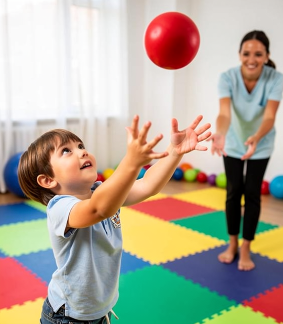 Kind vangt rode therapieball tijdens psychomotorische oefening