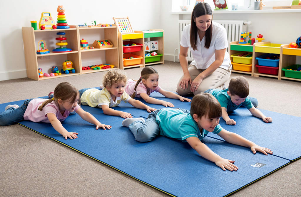 Blauwe gymnasiekmat uitgerold op kinderdagverblijfvloer met kinderen die strekoefeninghe doen