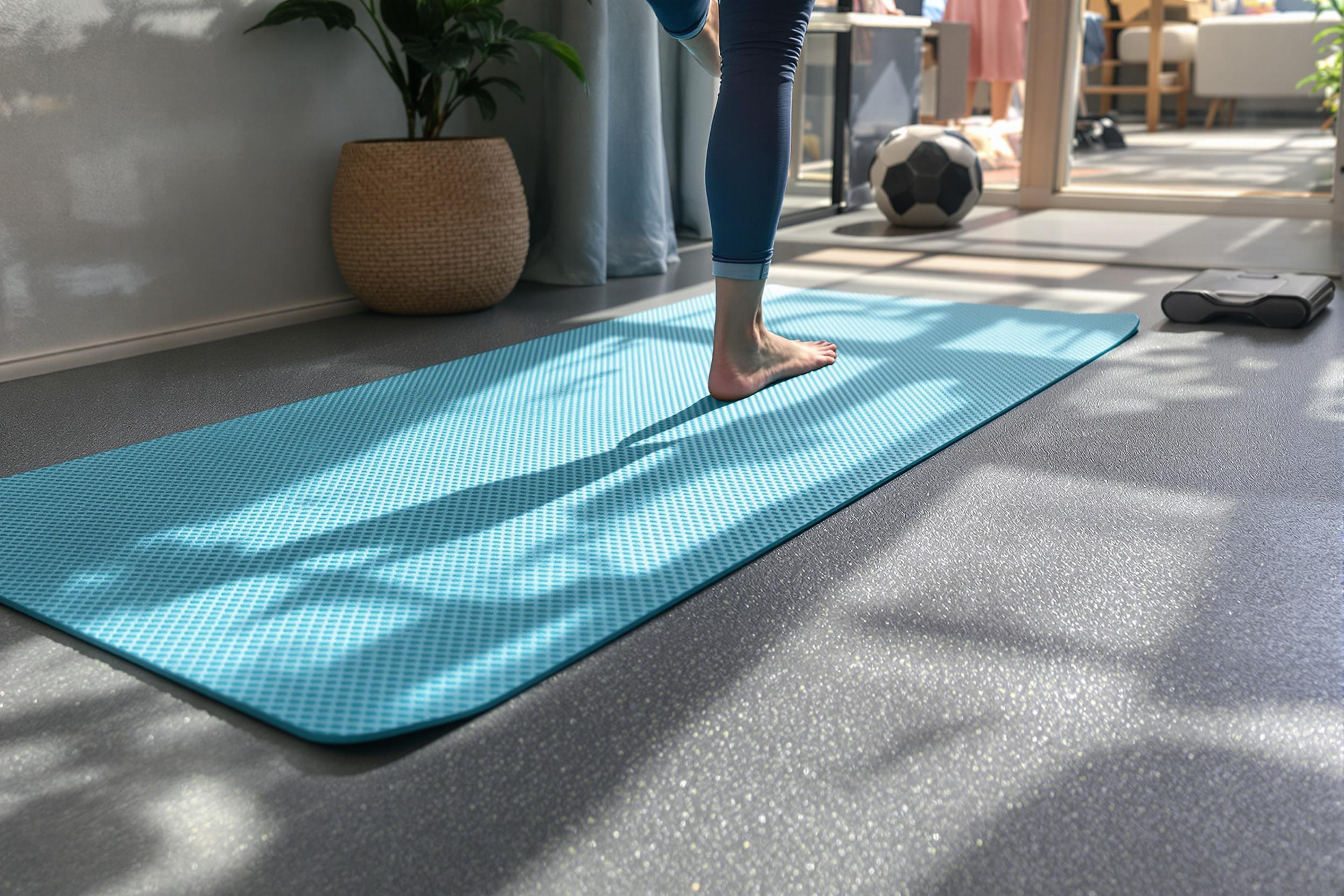 Diverse XXL fitnessmatten met verschillende materialen in zonlicht