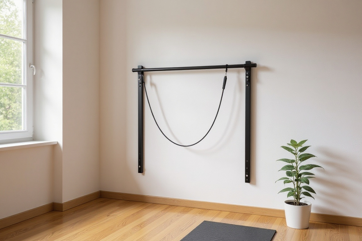Wandgemonteerde spijlenladder met weerstandsband in lichte thuisgym hoek